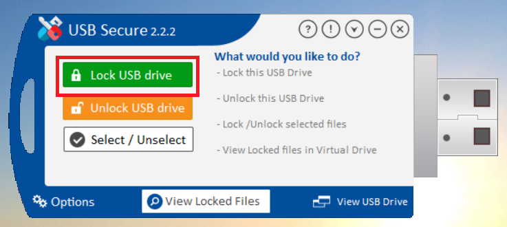 USB Secure main interface with a red box highlighting the green "Lock USB drive" button, used to encrypt the entire USB drive.