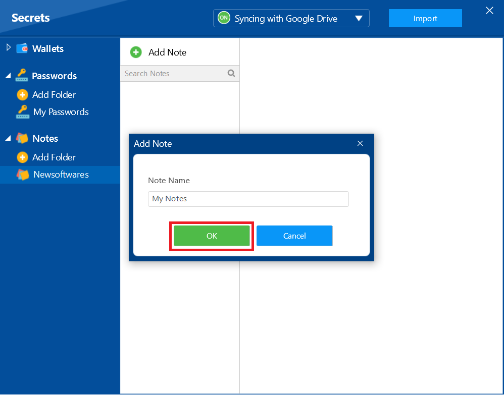 Click ok to create a note Folder Lock