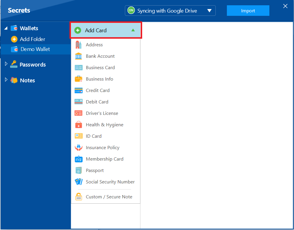 A screenshot of the Folder Lock "Add Card" dropdown menu, showing a list of available wallet types like Address, Bank Account, and Credit Card.