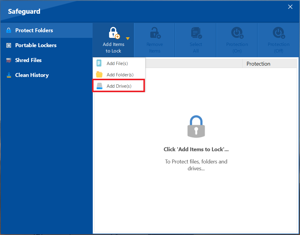 A screenshot of the Folder Lock "Protect Folders" interface. A red box highlights a dropdown menu showing options to "Add File(s)," "Add Folder(s)," or "Add Drive(s)."