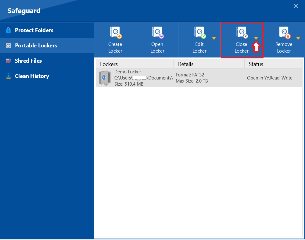 Screenshot displaying option to close locker. Click on Close locker to close the locker 