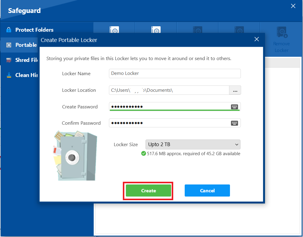 A screenshot of the "Create Portable Locker" dialog in Folder Lock, with a red box highlighting the "Create" button, used to create the new portable locker.