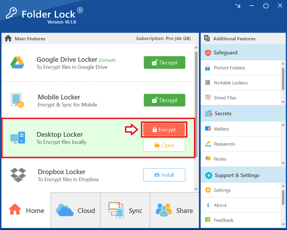  A screenshot of the Folder Lock home interface, with a red box highlighting the "Google Drive Locker" section and a red arrow pointing to the "Encrypt" button.
