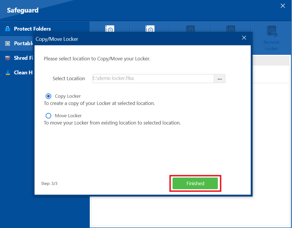 A screenshot of the confirmation dialog after a successful locker transfer, with the green "Finished" button highlighted.