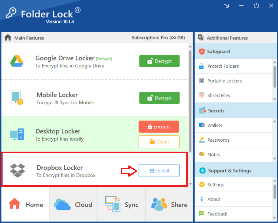  screenshot of the Dropbox webpage, with a red box and arrow highlighting the blue "Install" button to download the desktop app.