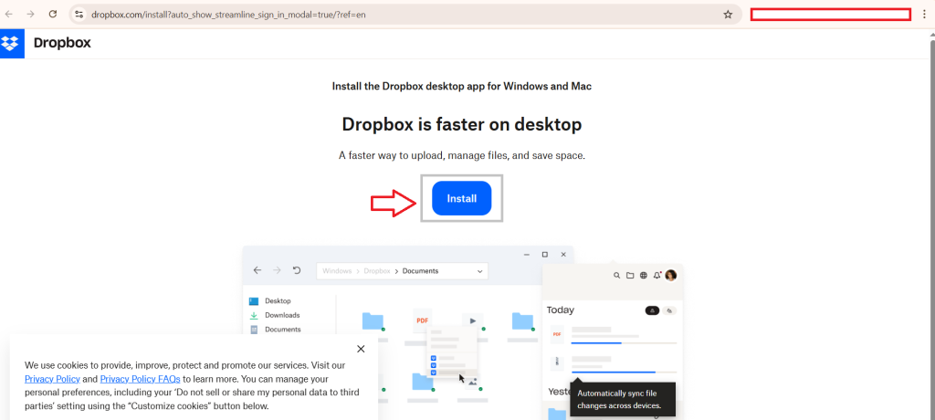 A screenshot of the Dropbox webpage, with a red box and arrow highlighting the "Install" button to download the desktop application.