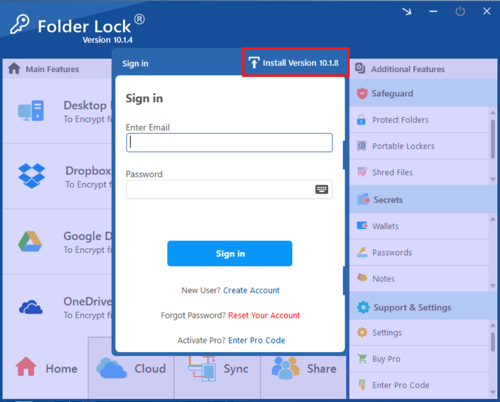 Folder Lock sign-in screen, with a red box highlighting the "Install Version 10.1.8" button, indicating that a new software update is available.