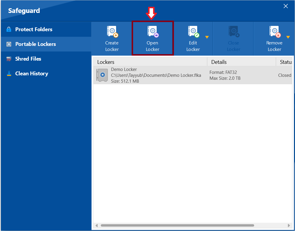 A screenshot of the Folder Lock "Portable Lockers" interface, with a red box and arrow highlighting the "Open Locker" button, used to open a selected portable locker.