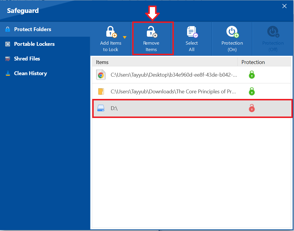Click on Remove items to Permanemtly unlock drive Folder Lock
