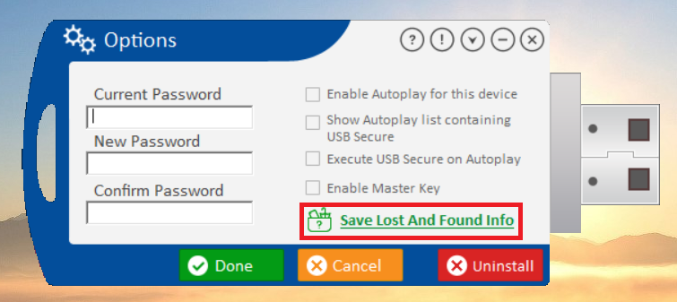 USB Secure 'Options' menu, with a red box highlighting the 'Save Lost And Found Info' link.