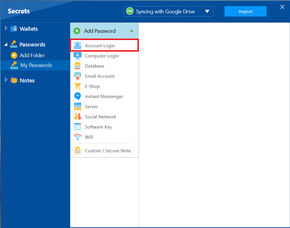 A screenshot of the "Add Password" menu in Folder Lock, with a red box highlighting the "Account Login" option to create a password entry for a website or service.