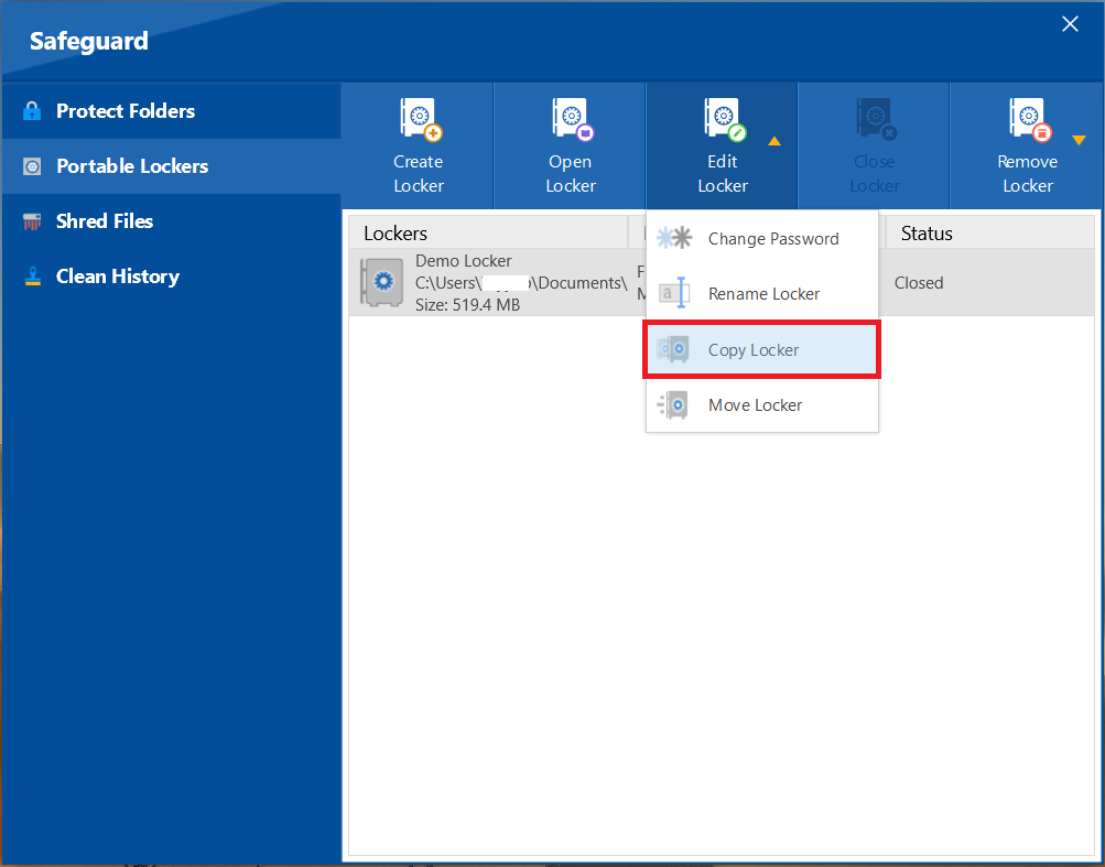 A screenshot of the Folder Lock "Edit Locker" dropdown menu, with the "Copy Locker" option highlighted.