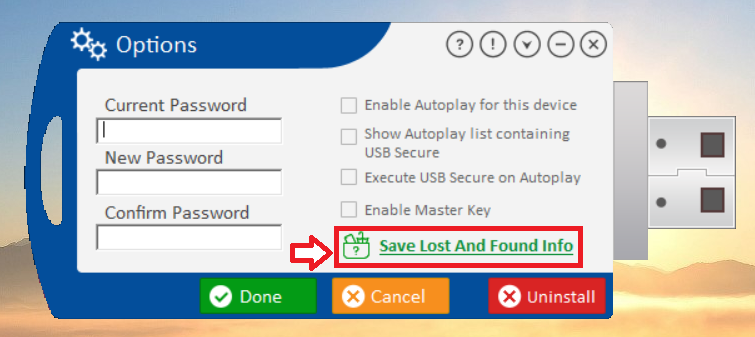 USB Secure 'Options' menu, with a red box highlighting the 'Save Lost And Found Info' link, indicating it has been clicked.