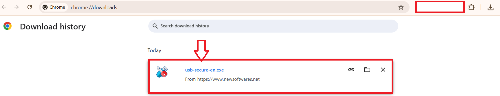 Google Chrome downloads page, with a red box highlighting the "usb-secure-en.exe" file and a red arrow pointing to it, indicating the file to click to start installation.