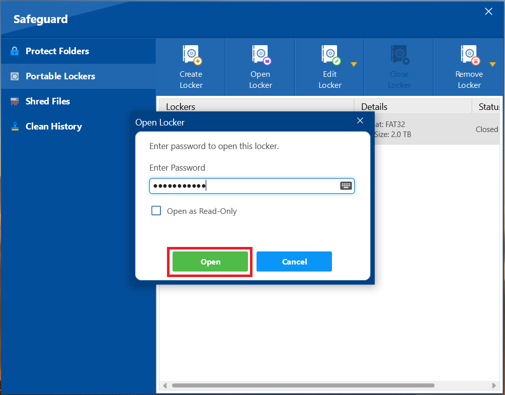 A screenshot of the "Open Locker" dialog in Folder Lock, with a red box highlighting the green "Open" button, used to open the portable locker after entering the password.