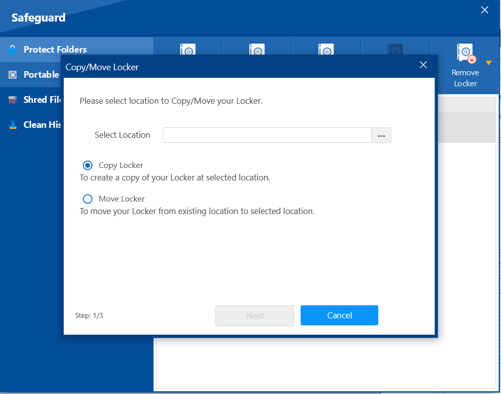 A screenshot of the "Copy/Move Locker" dialog in Folder Lock, showing fields to select the destination and copy options.