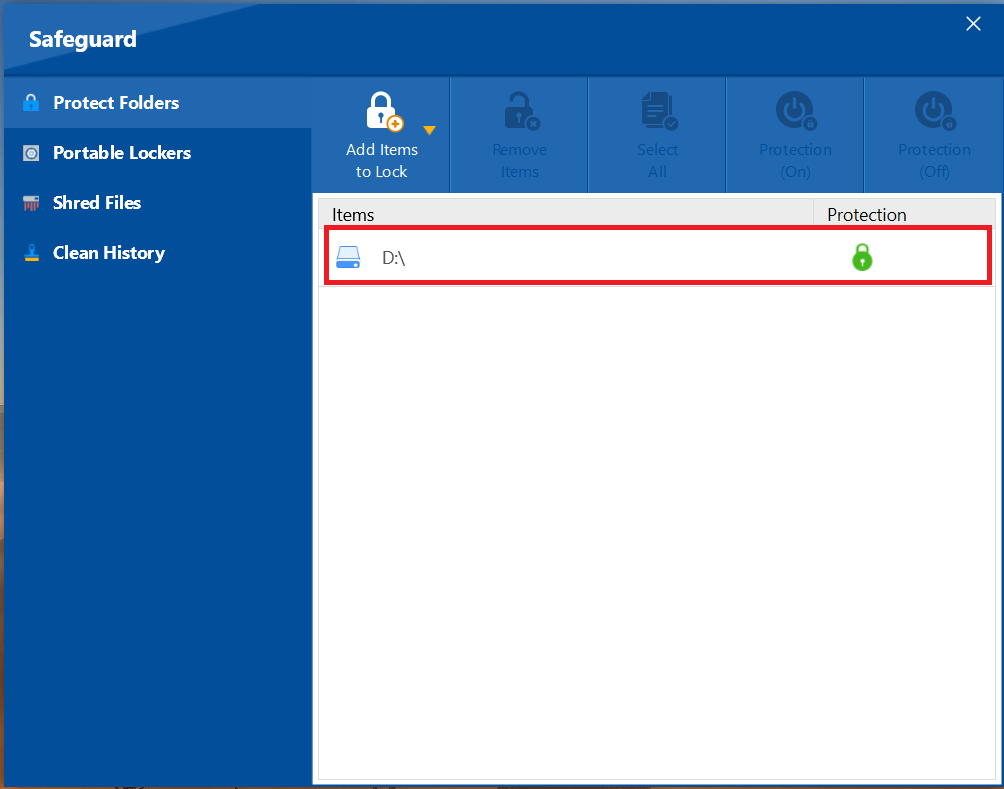 A screenshot of the Folder Lock "Protect Folders" interface, showing the D:\ drive listed as a protected item with a green lock icon.