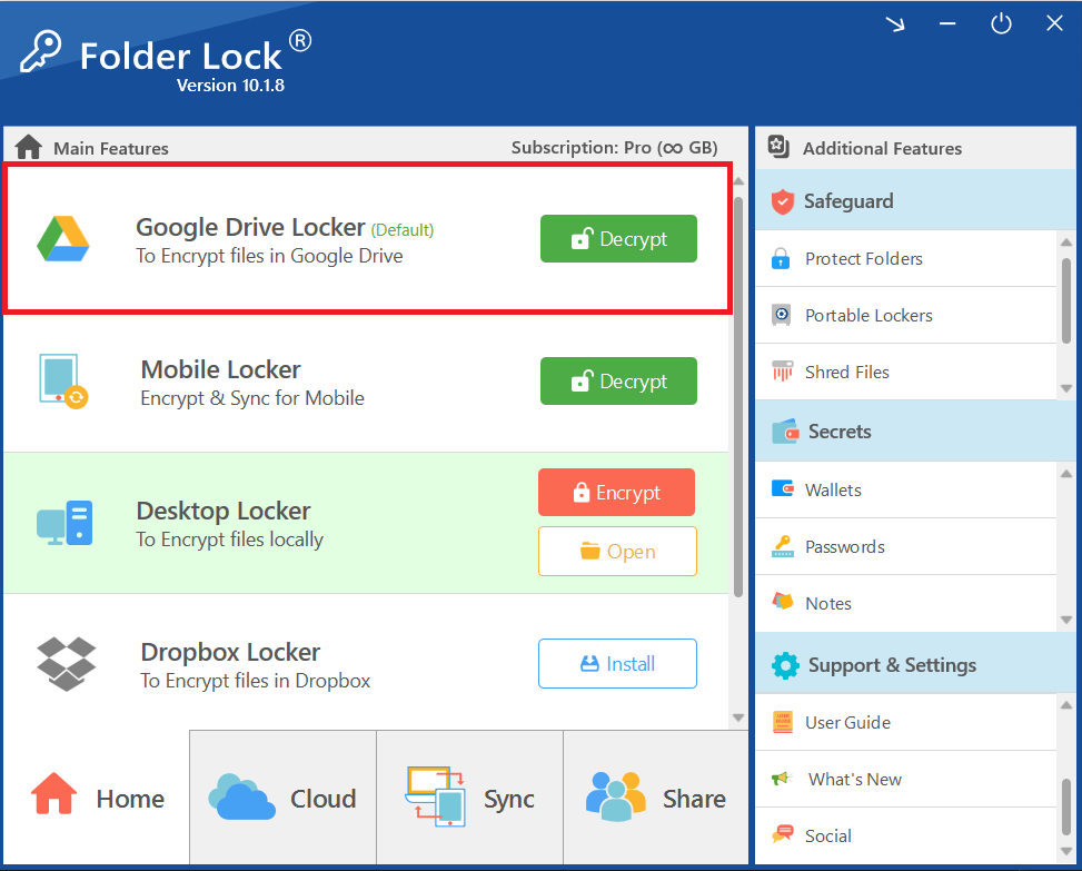 A screenshot of the Folder Lock home interface, showing the "Google Drive Locker" section with the "Decrypt" button visible.