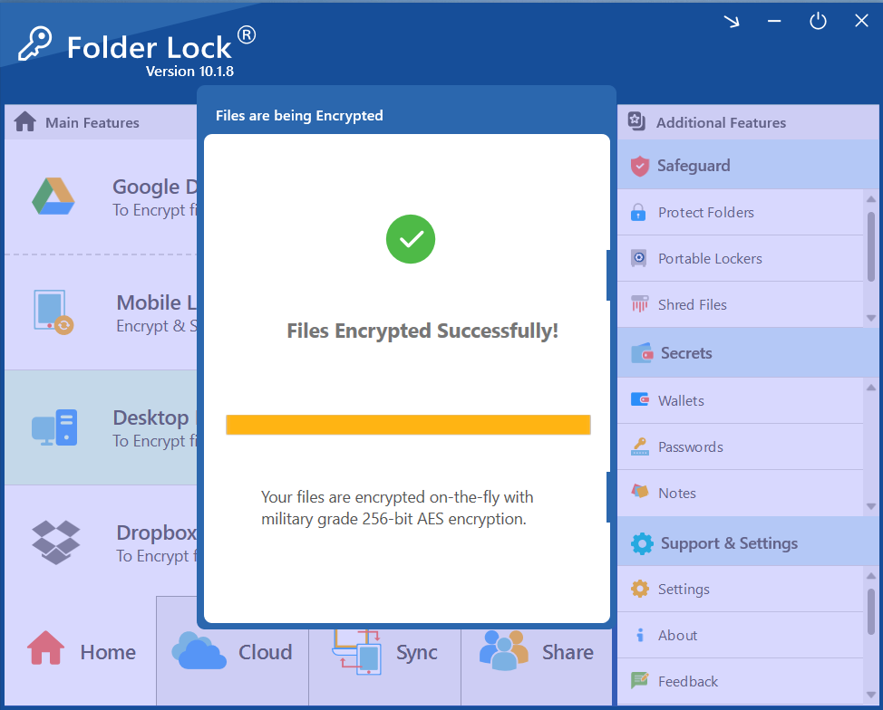 A screenshot of the Folder Lock desktop application showing a confirmation pop-up with a green checkmark and the message "Files Encrypted Successfully!"