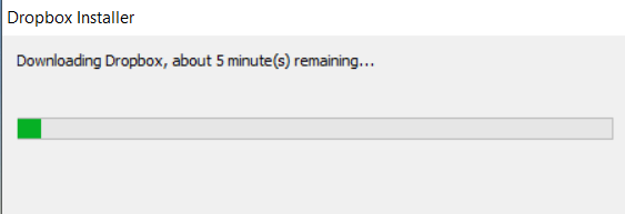 A pop-up dialog showing a progress bar with the message "Downloading Dropbox," indicating the installer is downloading program files.