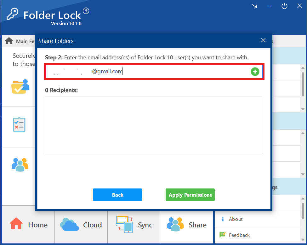 A screenshot of the Folder Lock "Share Folders" dialog, with a red box highlighting a partially-entered email address and the plus icon.