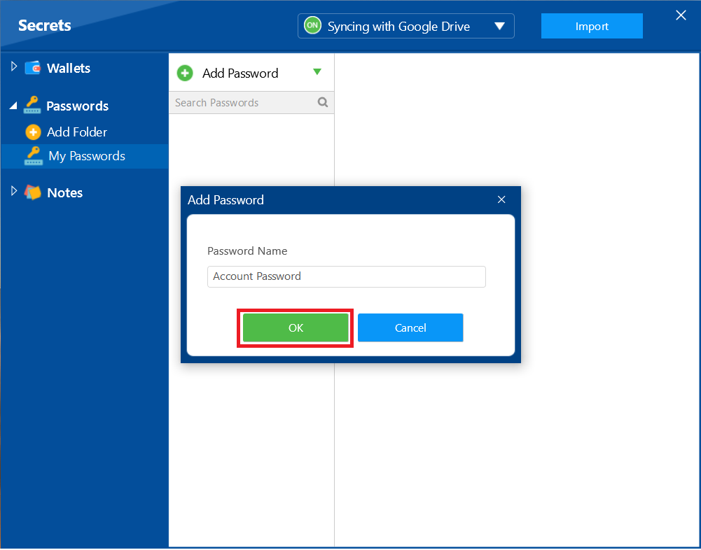 A pop-up dialog box in Folder Lock asking the user to name the new password entry, with a red box highlighting the "OK" button to confirm the name.
