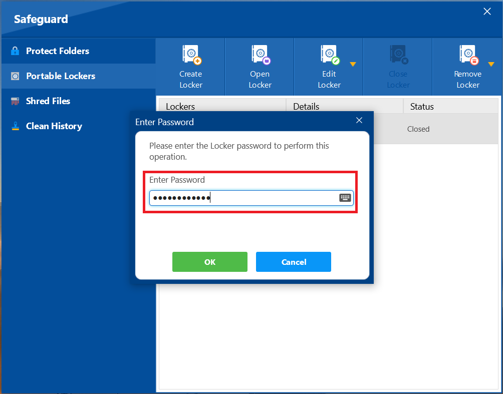 A screenshot of a Folder Lock dialog box prompting for a password to perform copy operation of Locker, with a red box highlighting the password input field