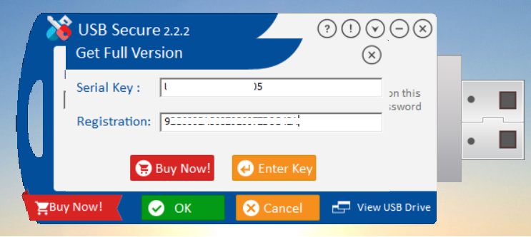 Enter Serial Key and REgisteration Key USB Secure