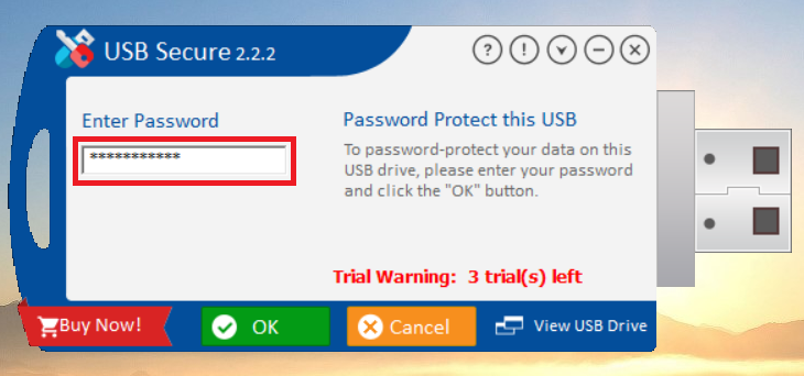 A USB Secure dialog box for password protecting a USB drive, with a red box highlighting the password input field, which contains a strong password represented by asterisks