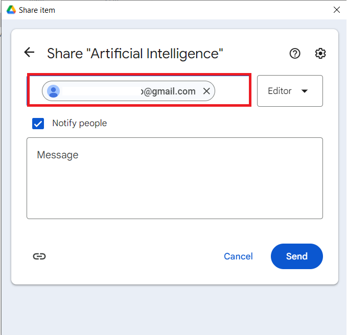 A screenshot of the Google Drive "Share item" dialog, with a red box highlighting the email field where the sender enters the recipient's email address