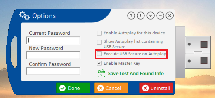 USB Secure 'Options' menu, with the 'Execute USB Secure on Autoplay' checkbox highlighted.