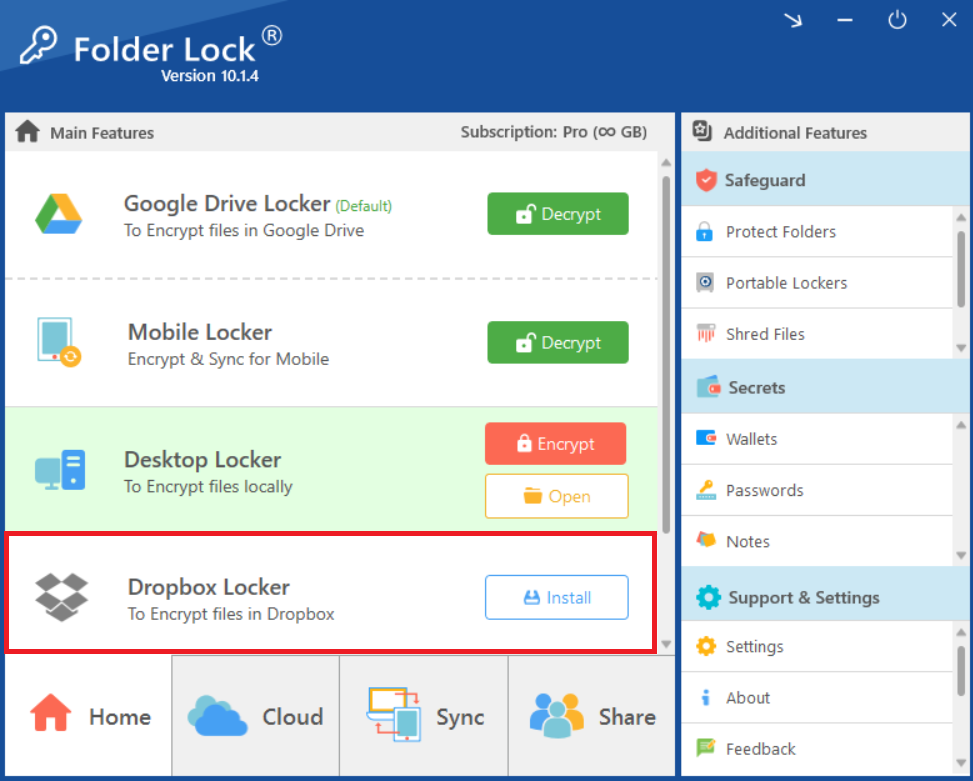 A screenshot of the Folder Lock home interface, showing the "Dropbox Locker" section with an "Install" button highlighted.