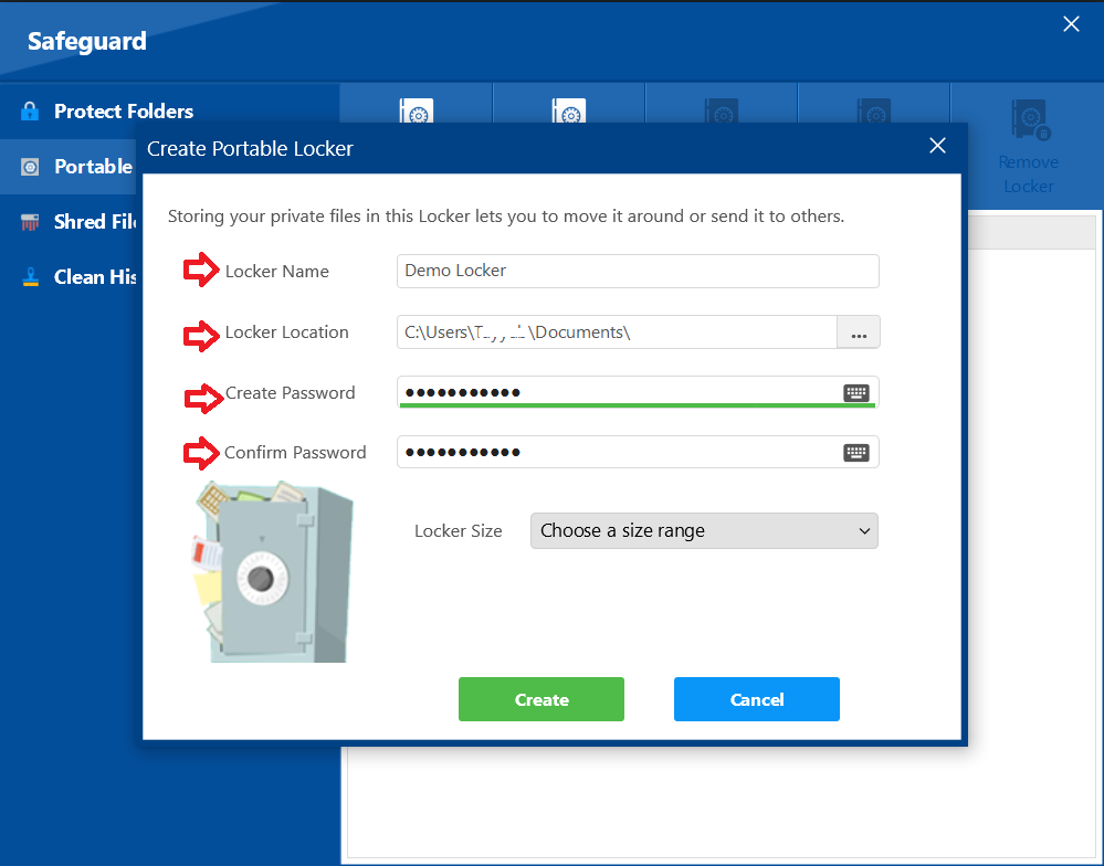 A screenshot of the "Create Portable Locker" dialog in Folder Lock, with red arrows highlighting the fields for "Locker Name," "Locker Location," "Create Password," and "Confirm Password."