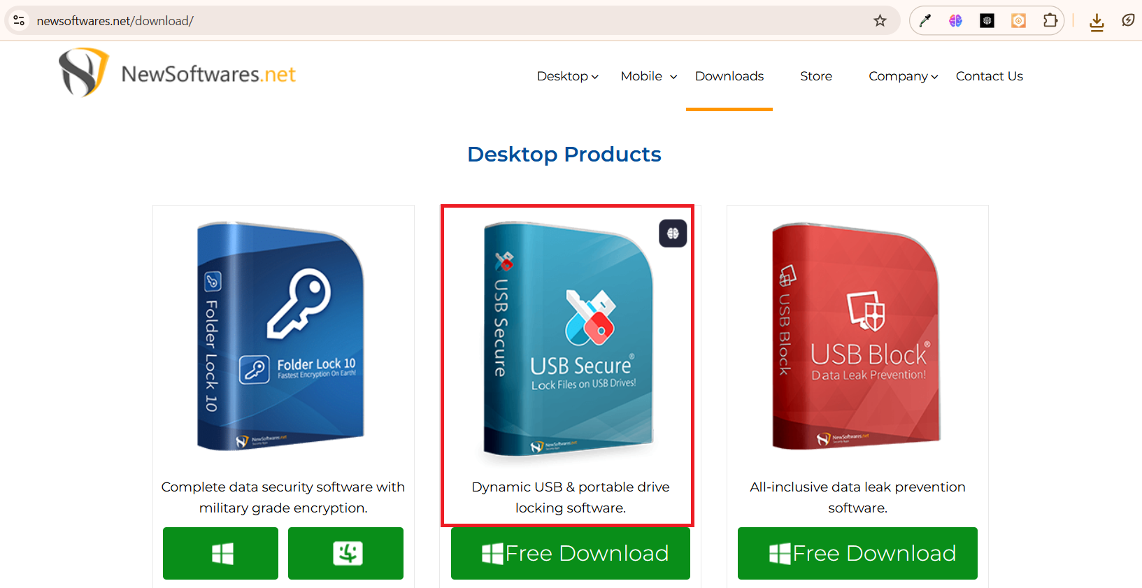 NewSoftwares.net desktop products page, with a red box around the "USB Secure" product and its "Free Download" button.