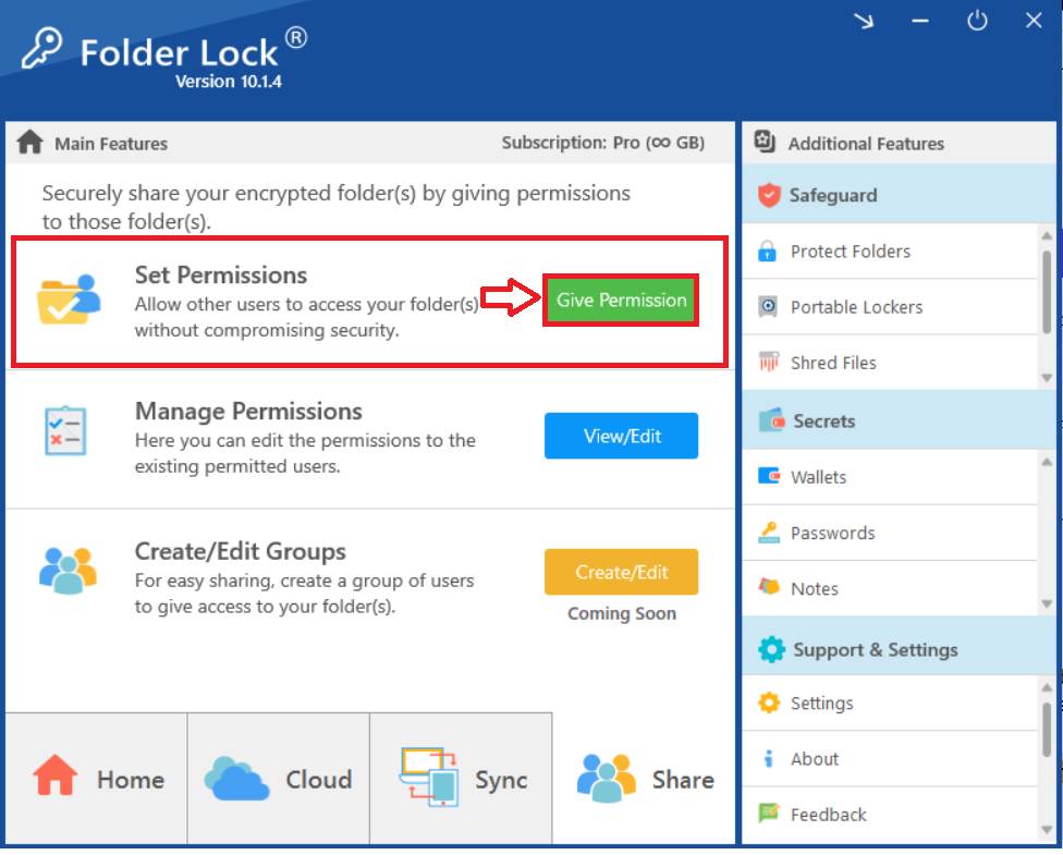 A screenshot of the Folder Lock "Share" interface, with a red box and arrow highlighting the green "Give Permission" button, used to begin the file sharing process.