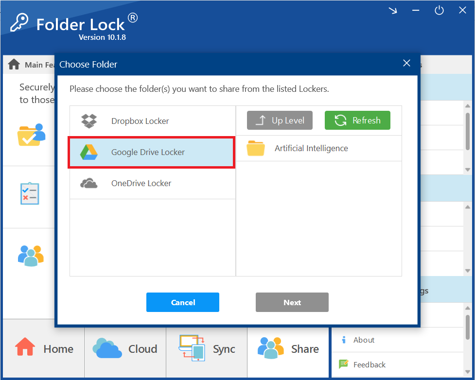 A screenshot of the "Choose Folder" dialog in Folder Lock, with a red box highlighting the "Google Drive Locker," indicating it has been selected for sharing.