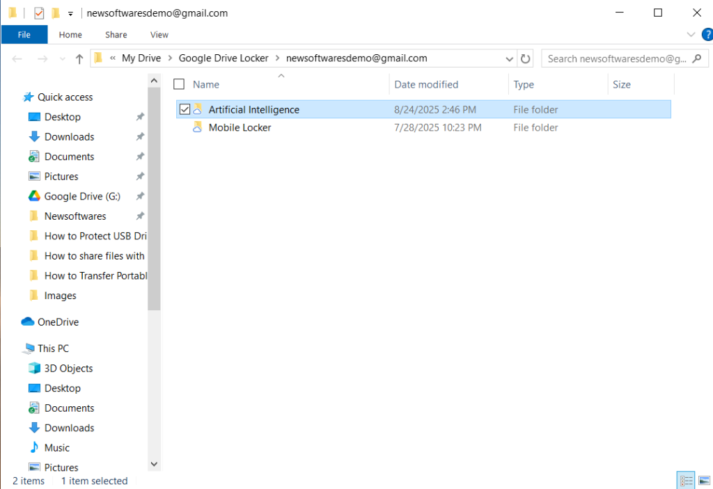 A screenshot of Windows File Explorer showing the contents of a Google Drive Locker, with a folder named "Artificial Intelligence" selected for sharing.