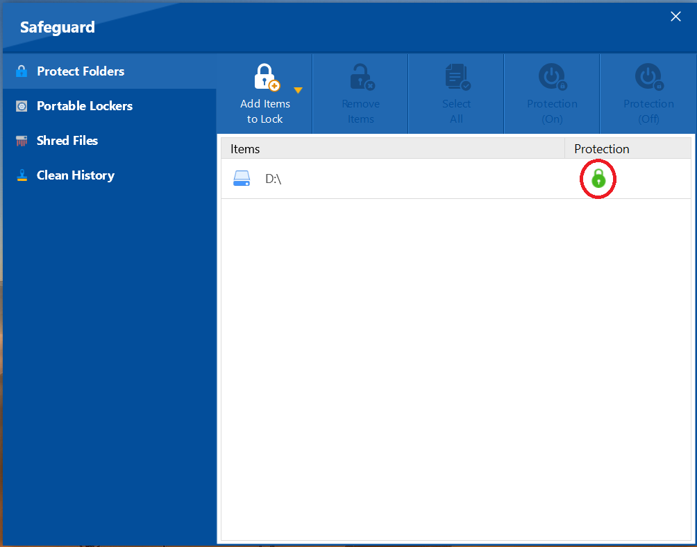 A screenshot of the Folder Lock "Protect Folders" interface, with a red circle highlighting the green lock icon next to the D:\ drive, indicating that the drive is protected.