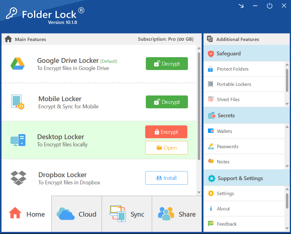 A screenshot of the Folder Lock home interface, showing the "Main Features" section with options for Google Drive, Mobile, and Desktop lockers.