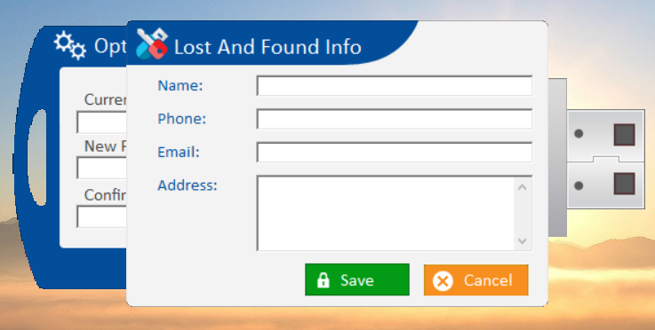USB Secure 'Lost and Found Info' form, with empty fields for owner details like Name, Contact No, and Email.