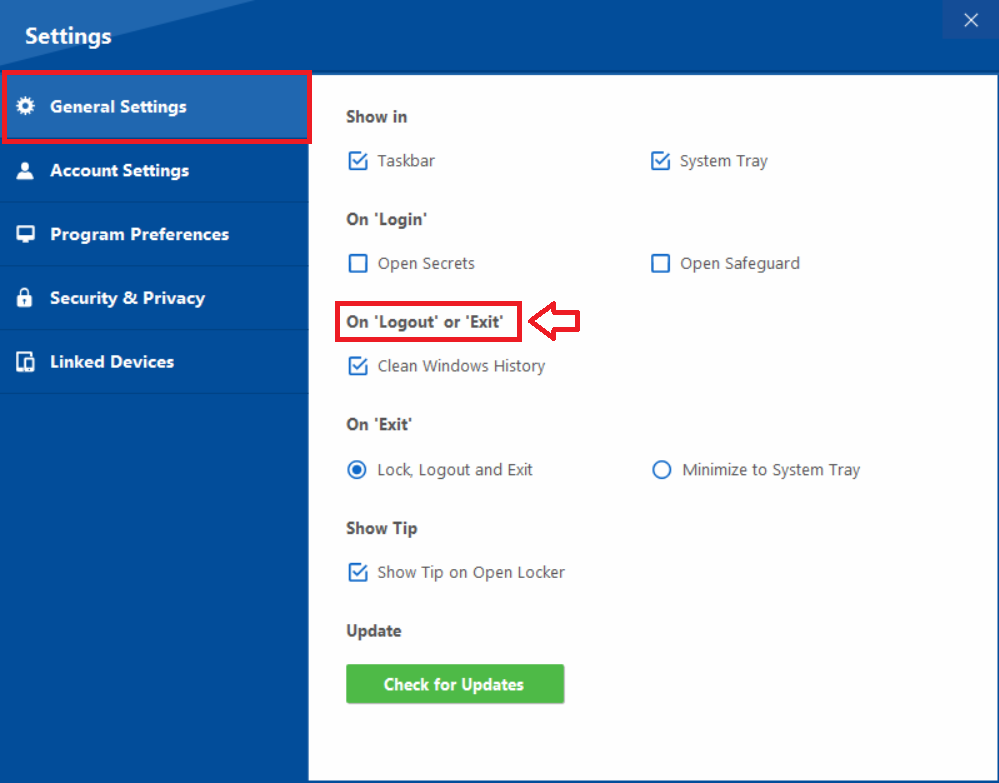 On Logout or Exit General Settings Folder Lock 10 1