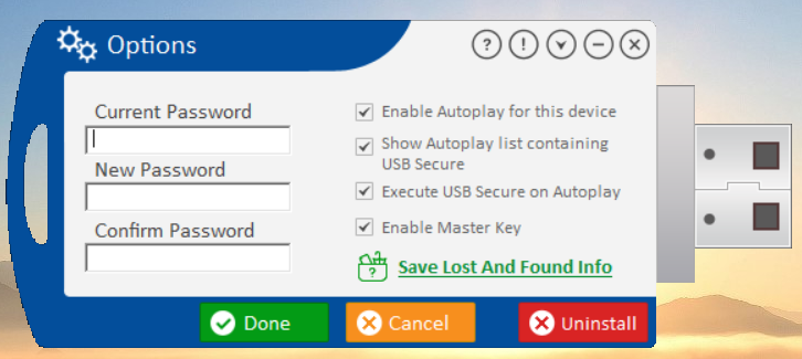 Options menu USB Secure