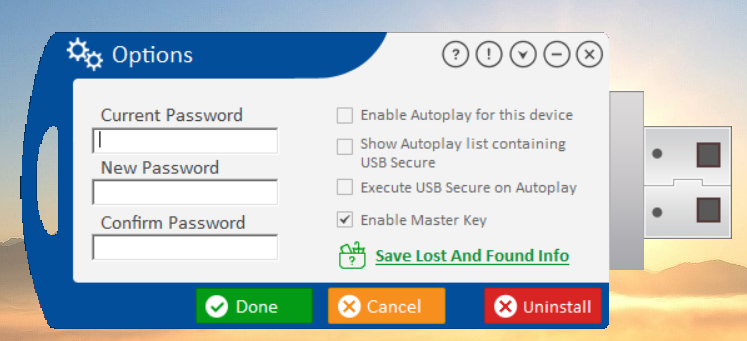 USB Secure 'Options' menu, displaying settings such as password change fields and Autoplay options.