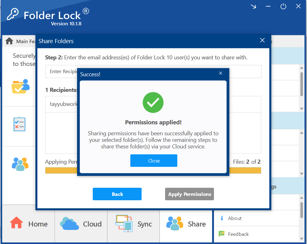A screenshot of the Folder Lock "Share Folders" dialog, with a pop-up message that reads "Permissions applied!" and a green checkmark, confirming a successful action.