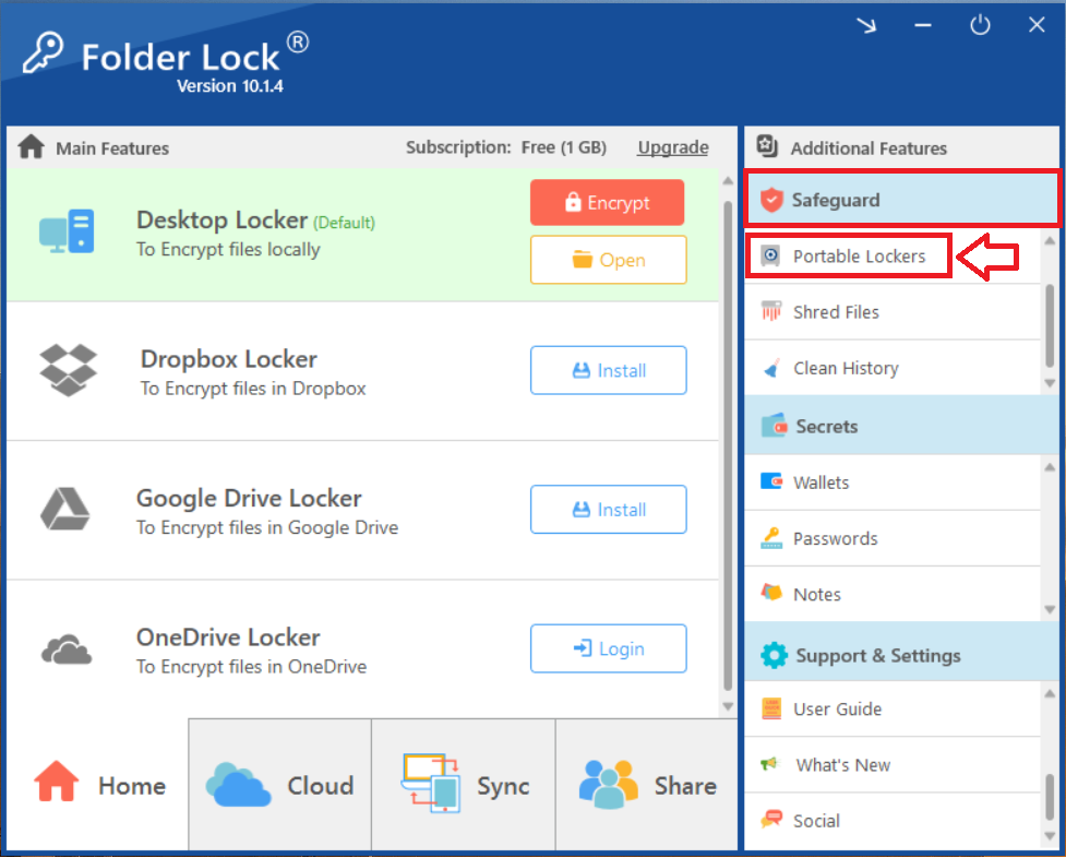 Folder lock home screen highlighting Portable Lockers under Safeguard Tab of windows Folder Lock application 
