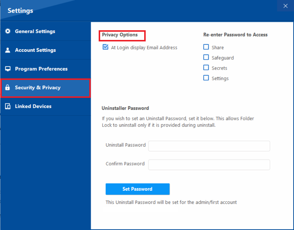 A screenshot of Folder Lock's "Security & Privacy" settings, with a red box highlighting the "Privacy Options" section, including the "At Login display Email Address" checkbox.