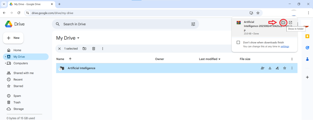 A screenshot of a browser download notification in Google Drive, with a red arrow pointing to the "Show in folder" button for the downloaded shared file.
