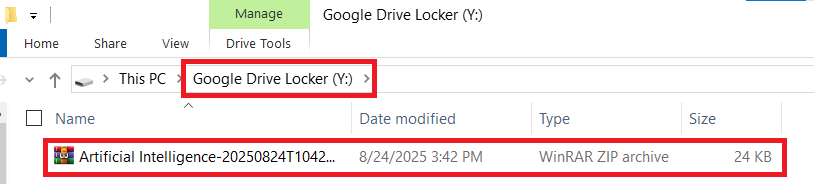 A screenshot of the recipient's Windows File Explorer, showing a downloaded file from Google Drive that has been moved into a local "Google Drive Locker" on the PC.