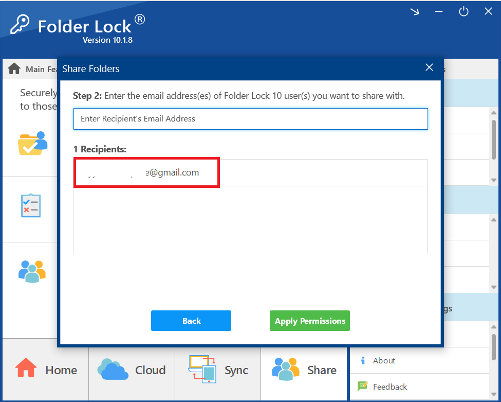 A screenshot of the "Share Folders" dialog, with a red box highlighting a recipient's email address that has been successfully added to the list.