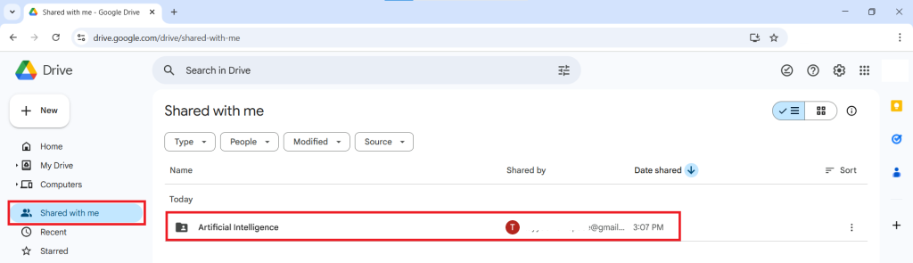 A screenshot of the recipient's Google Drive "Shared with me" section, with a shared folder named "Artificial Intelligence" highlighted in a red box.